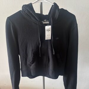 Hollister Black Cropped Zip-Up Hoodie with Logo